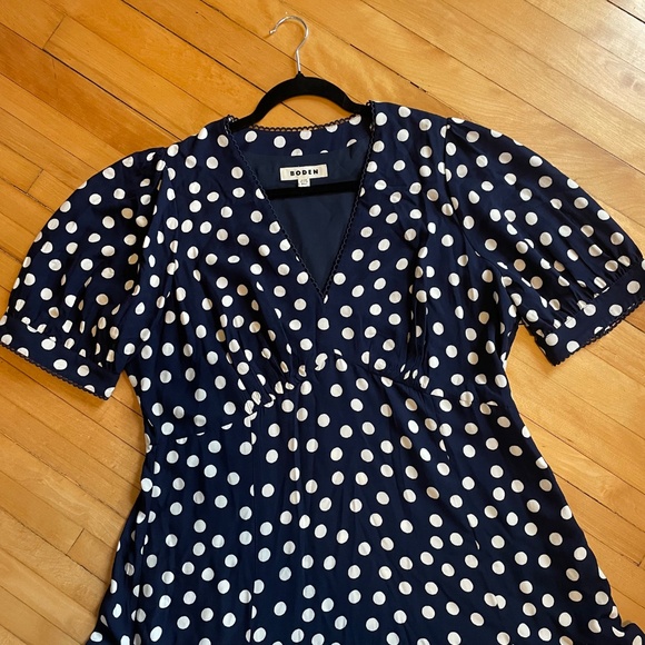 BODEN Rosie Godet Tea Dress 16-18 Navy Polka Dot Fit and Flare Pockets Lined - Picture 2 of 15